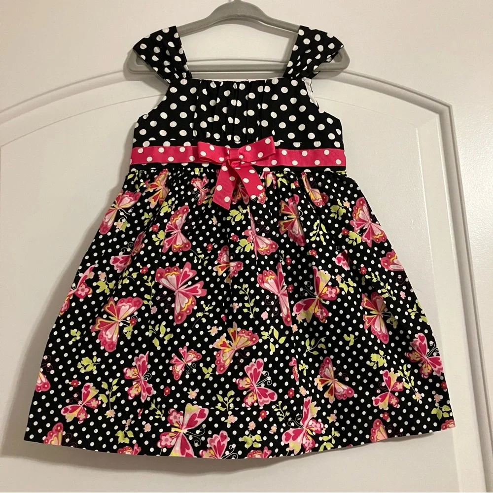 Jessica Ann Girl’s Sleeveless Black White polka dot dress pink butterfly‎ Sz 3T